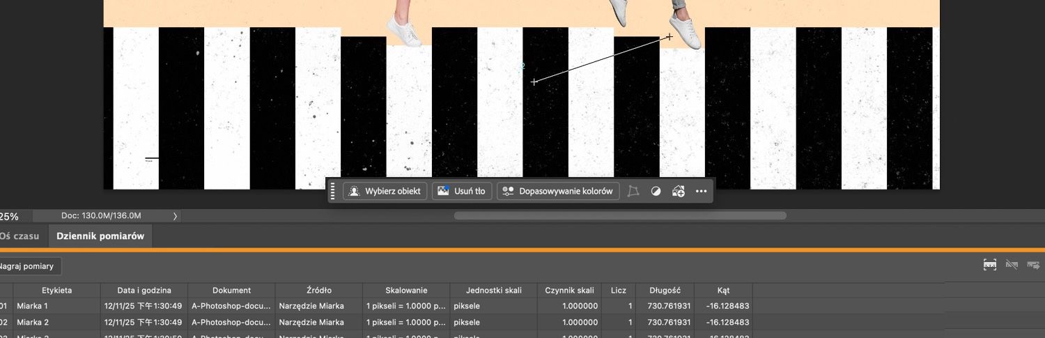 Tabela dziennika pomiarów jest podświetlona w dolnej części obszaru roboczego programu Photoshop.