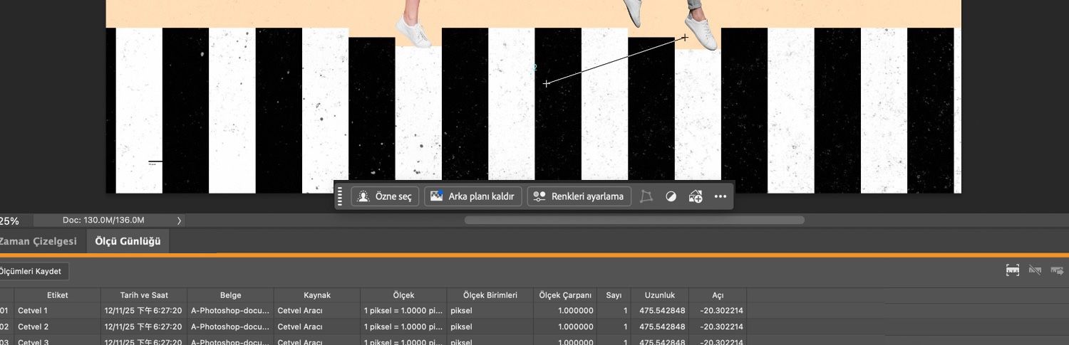Ölçüm günlüğü tablosu Photoshop tuvalinin alt kısmında vurgulanır.