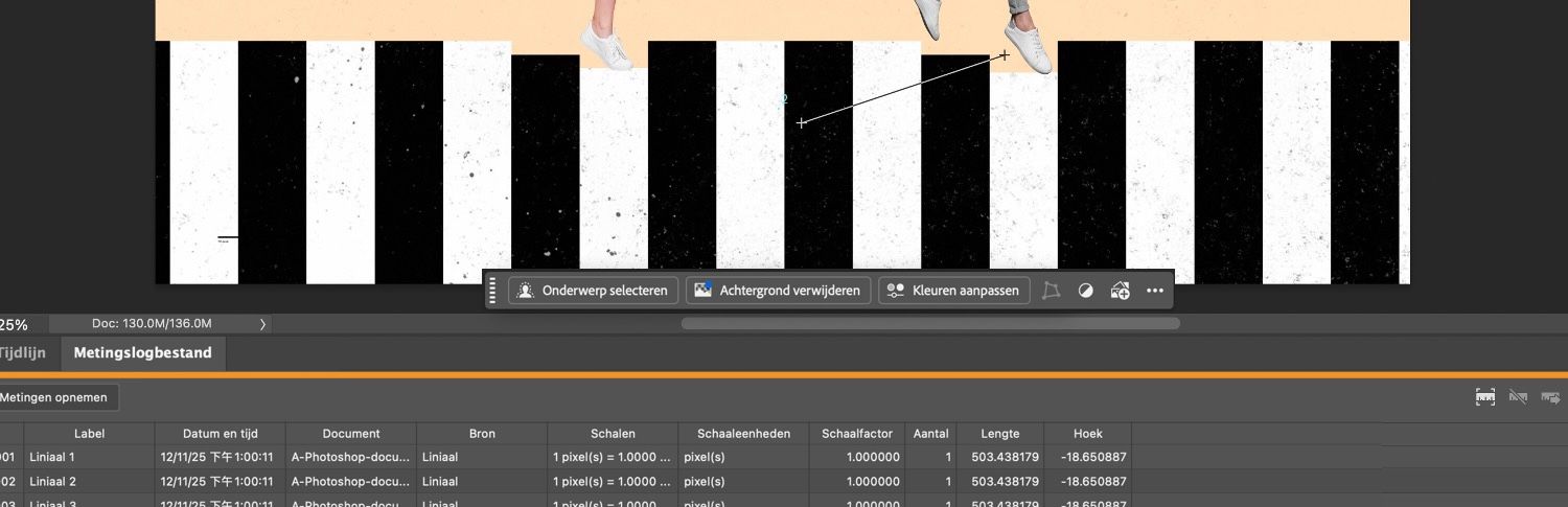 De meetlogboektabel is gemarkeerd aan de onderkant van het Photoshop canvas.