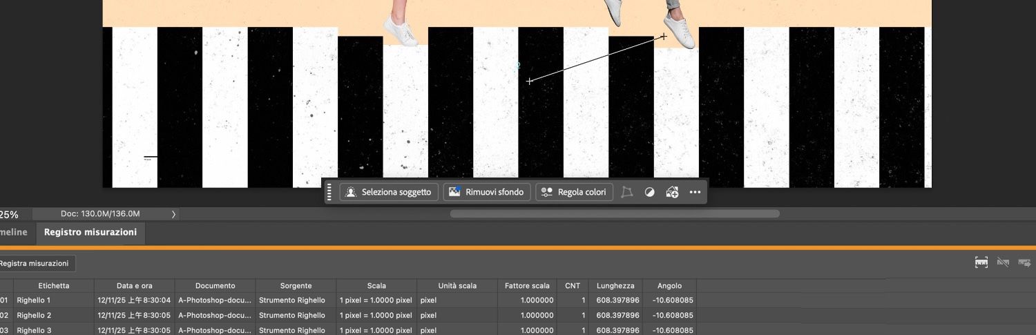 La tabella del registro delle misurazioni è evidenziata nella parte inferiore dell'area di lavoro di Photoshop.