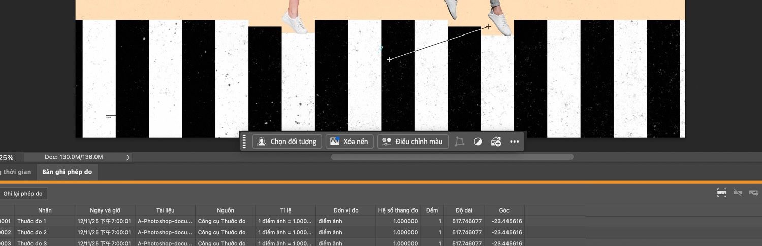Bảng nhật ký đo được làm nổi bật ở góc dưới cùng của canvas Photoshop.