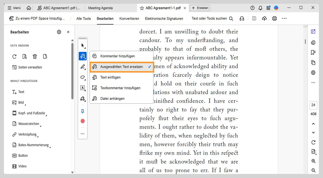 Das Menü zeigt Optionen zum Hinzufügen von Kommentaren, Ersetzen von Text, Einfügen von Text, Hinzufügen von Textkommentaren und Anhängen von Dateien, wobei „Ausgewählten Text ersetzen“ hervorgehoben ist.