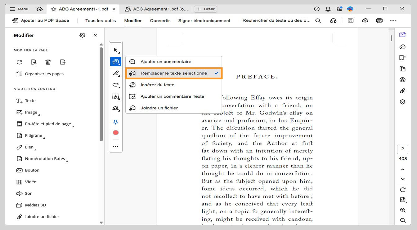 Le menu affiche des options pour ajouter des commentaires, remplacer du texte, insérer du texte, ajouter des commentaires textuels et joindre des fichiers, avec l'option « Remplacer le texte sélectionné » mise en évidence.