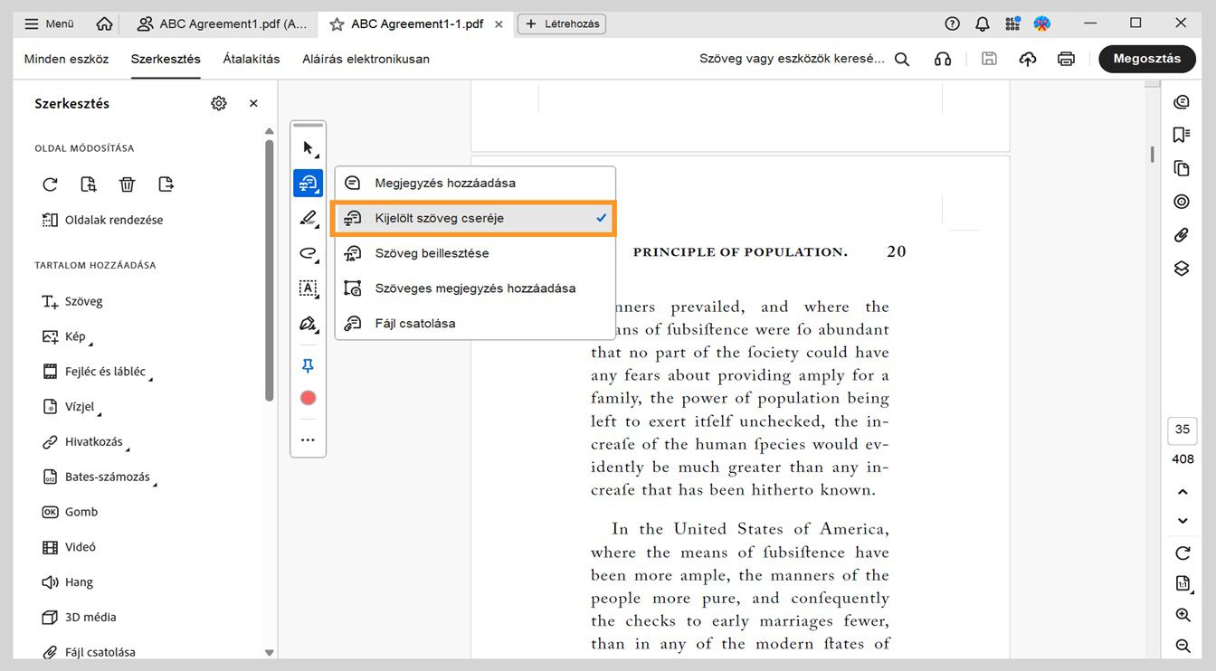 A menü opciókat mutat megjegyzések hozzáadására, szöveg cseréjére, szöveg beszúrására, szöveges megjegyzések hozzáadására és fájlok csatolására, a Kijelölt szöveg cseréje opció pedig ki van emelve.