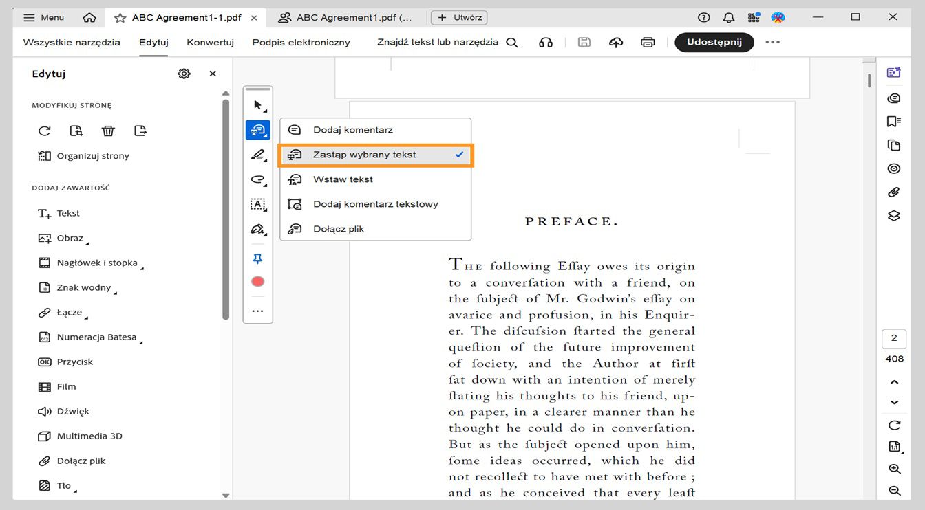 Menu pokazuje opcje dodawania komentarzy, zastępowania tekstu, wstawiania tekstu, dodawania komentarzy tekstowych i dołączania plików, z podświetloną opcją Zastąp wybrany tekst.
