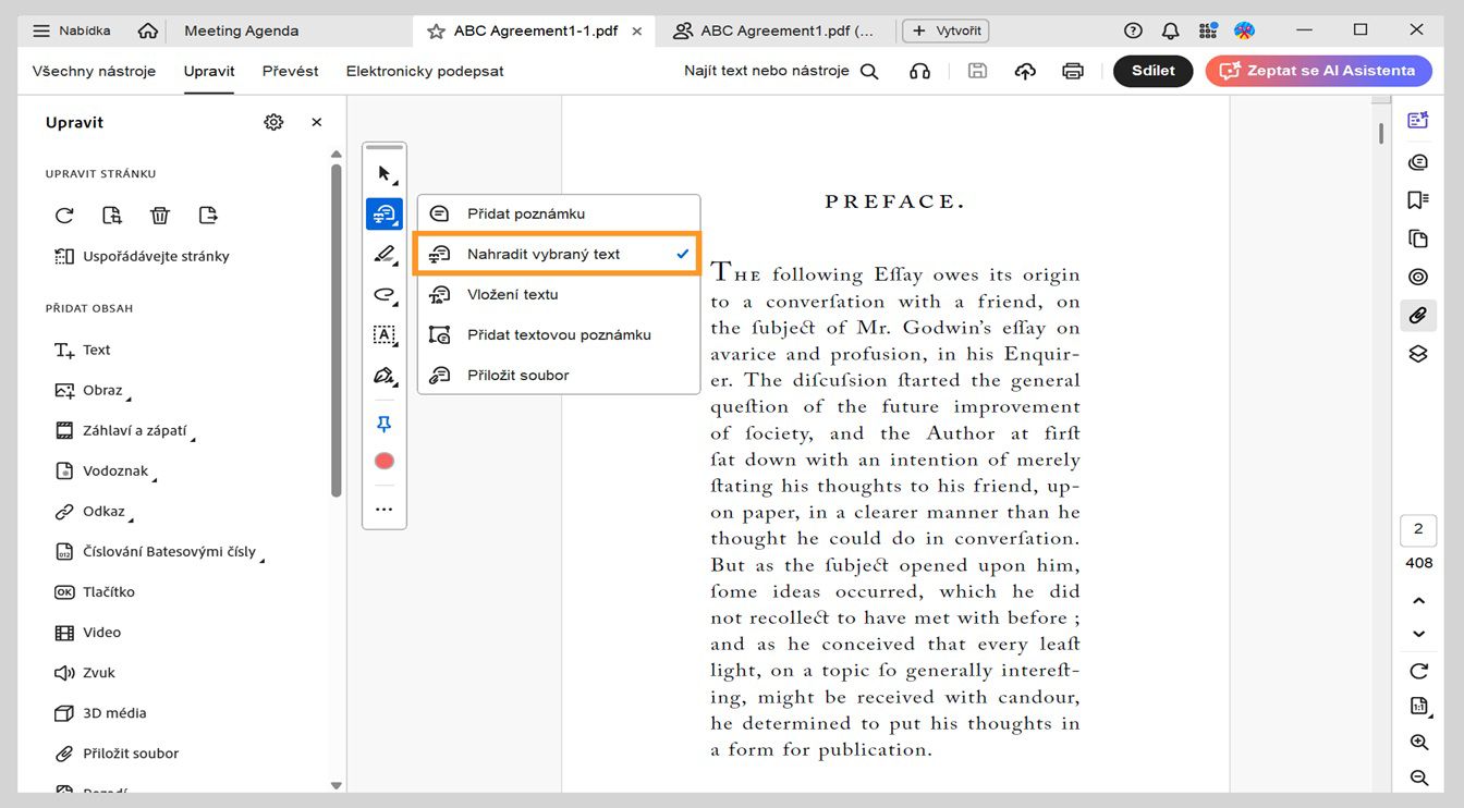 Nabídka zobrazuje možnosti pro přidání poznámek, nahrazení textu, vložení textu, přidání textových poznámek a připojení souborů, přičemž je zvýrazněna možnost Nahradit vybraný text.