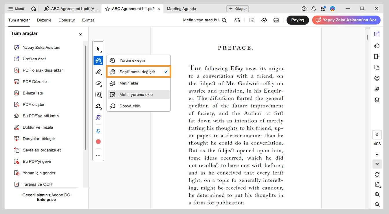 Menüde, yorum ekleme, metin değiştirme, metin ekleme, metin yorumu ekleme ve dosya ekleme seçenekleri; Seçili metni değiştir öğesi vurgulanmış şekilde gösterilir.