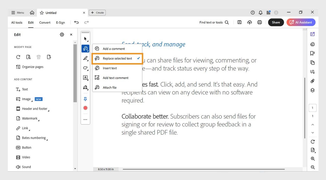 Ipinapakita ng menu ang mga opsyon para magdagdag ng mga komento, magpalit ng text, maglagay ng text, magdagdag ng mga text na komento, at mag-attach ng mga file, na may naka-highlight na Replace selected text.