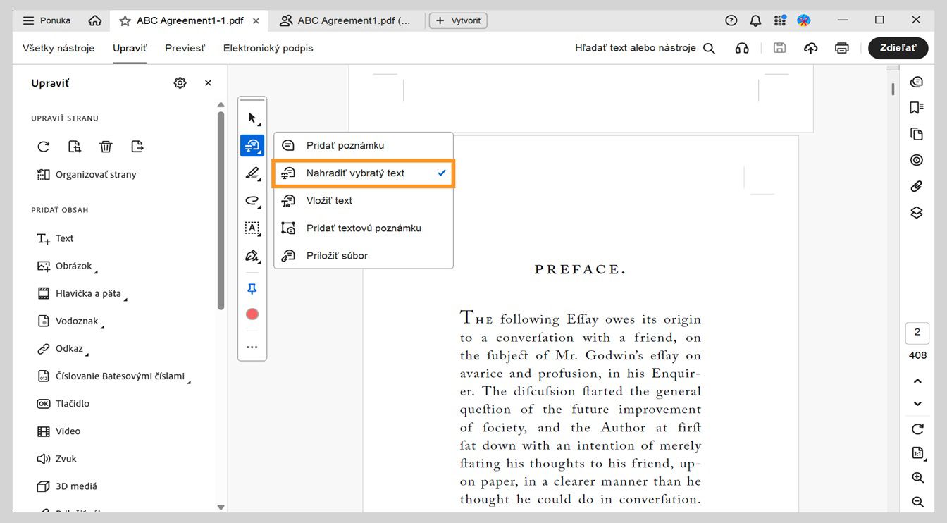 Ponuka zobrazuje možnosti na pridávanie komentárov, nahradenie textu, vloženie textu, pridanie textových komentárov a pripojenie súborov, pričom je zvýraznená možnosť Nahradiť vybraný text.