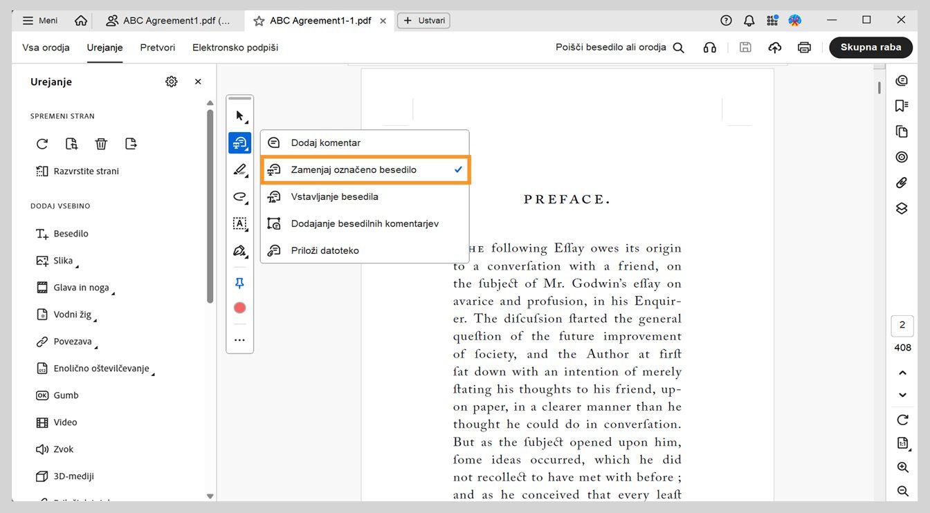 Meni prikazuje možnosti za dodajanje komentarjev, zamenjavo besedila, vstavljanje besedila, dodajanje besedilnih komentarjev in prilaganje datotek, pri čemer je označena možnost Zamenjaj izbrano besedilo.