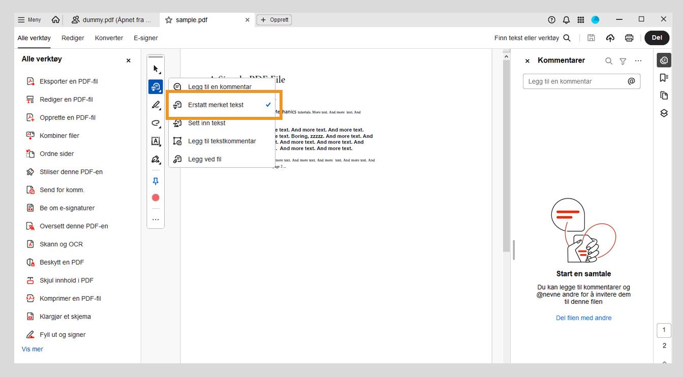 Menyen viser alternativer for å legge til kommentarer, erstatte tekst, sette inn tekst, legge til tekstkommentarer og legge ved filer, med Erstatt merket tekst uthevet.