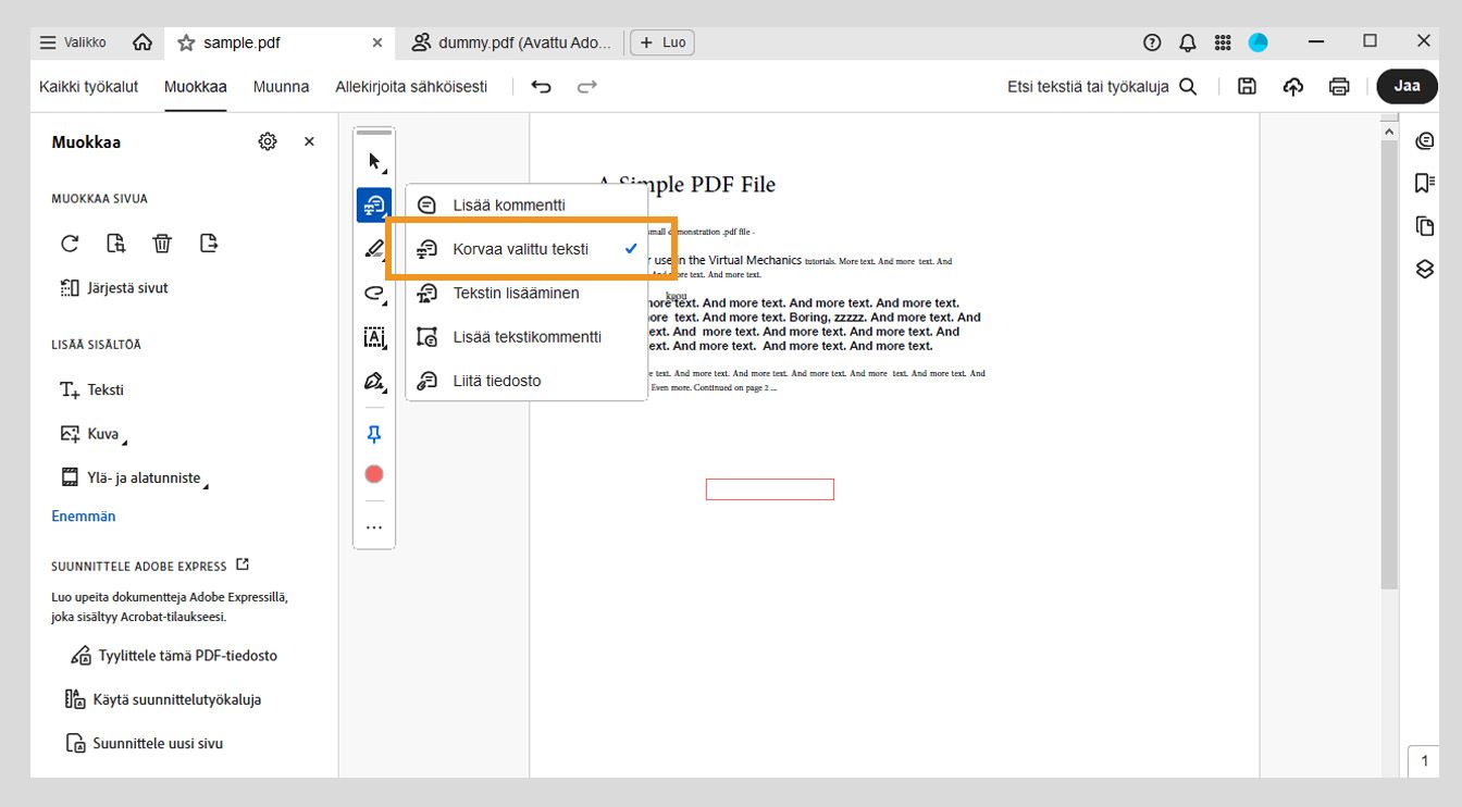 Valikossa näkyvät vaihtoehdot kommenttien lisäämiseen, tekstin korvaamiseen, tekstin lisäämiseen, tekstikommenttien lisäämiseen ja tiedostojen liittämiseen. Korvaa valittu teksti -vaihtoehto on korostettu.