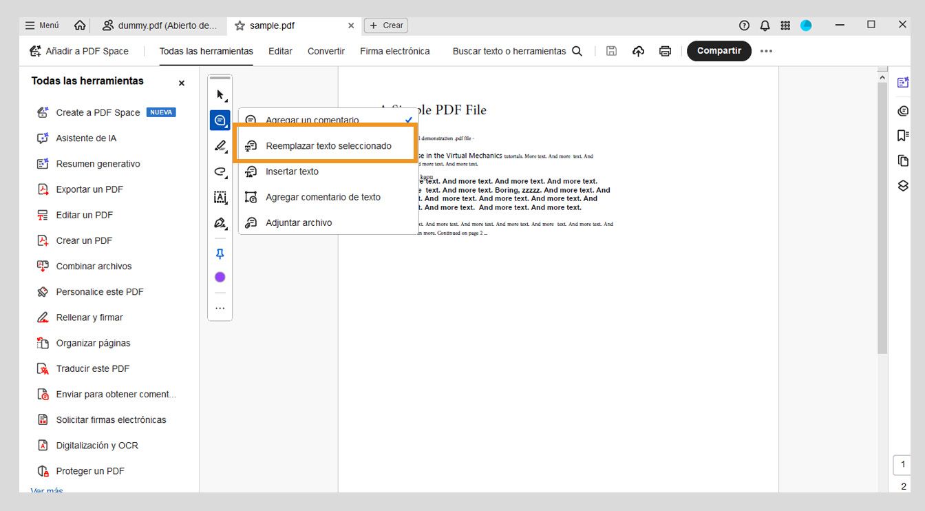 El menú muestra opciones para añadir comentarios, reemplazar texto, insertar texto, añadir comentarios de texto y adjuntar archivos, con la opción Reemplazar texto seleccionado resaltada.