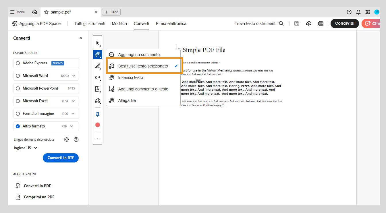 Il menu mostra le opzioni per aggiungere commenti, sostituire testo, inserire testo, aggiungere commenti di testo e allegare file, con l’opzione Sostituisci testo selezionato evidenziata.
