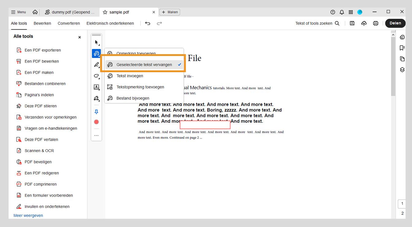 Het menu toont opties om opmerkingen toe te voegen, tekst te vervangen, tekst in te voegen, tekstopmerkingen toe te voegen en bestanden bij te voegen, waarbij Geselecteerde tekst vervangen is gemarkeerd.