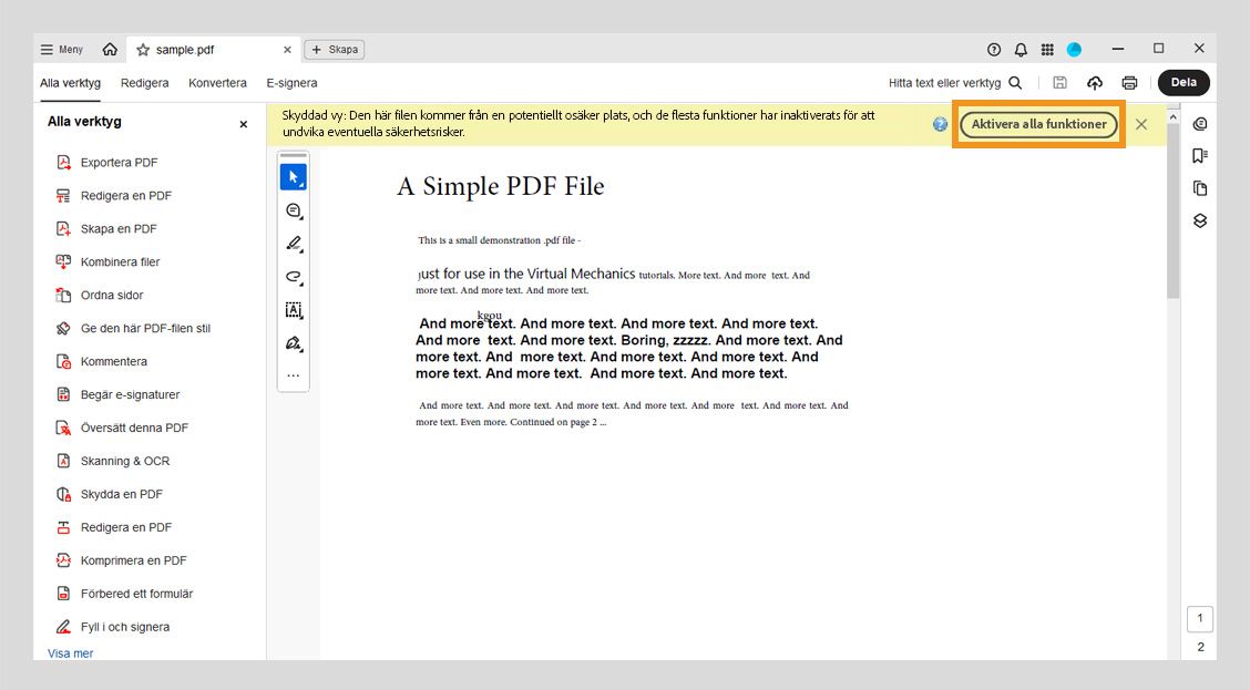 Meddelandefältet visar alternativet Aktivera alla funktioner och följande meddelande – Skyddad vy: Den här filen kommer från en potentiellt osäker plats och de flesta funktioner har inaktiverats för att undvika potentiella säkerhetsrisker.