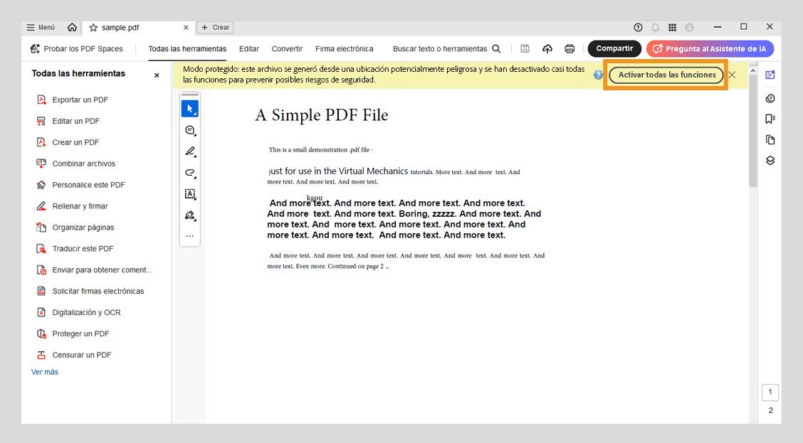 La barra de mensajes muestra la opción Habilitar todas las funciones y el siguiente mensaje - Vista protegida: este archivo se originó en una ubicación potencialmente insegura y se han deshabilitado la mayoría de las funciones para evitar posibles riesgos de seguridad.