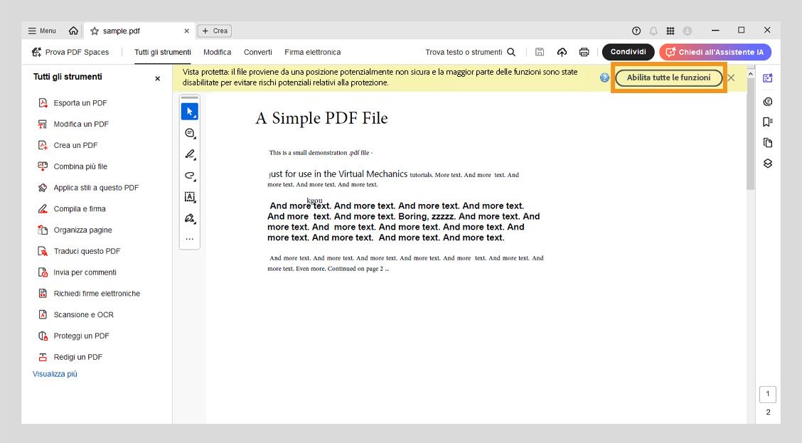 La barra dei messaggi visualizza l'opzione Abilita tutte le funzioni e il seguente messaggio: Visualizzazione protetta: Questo file proviene da una posizione potenzialmente non sicura e la maggior parte delle funzioni è stata disattivata per evitare potenziali rischi per la sicurezza.