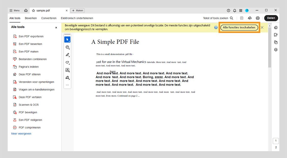 In de berichtenbalk wordt de optie Alle functies inschakelen en het volgende bericht weergegeven: Beveiligde weergave: dit bestand is afkomstig van een mogelijk onveilige locatie en de meeste functies zijn uitgeschakeld om mogelijke beveiligingsrisico's te voorkomen.