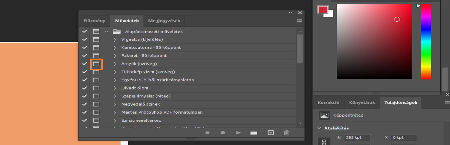 A modális vezérlő gombja ki van emelve a Művelet panelen.