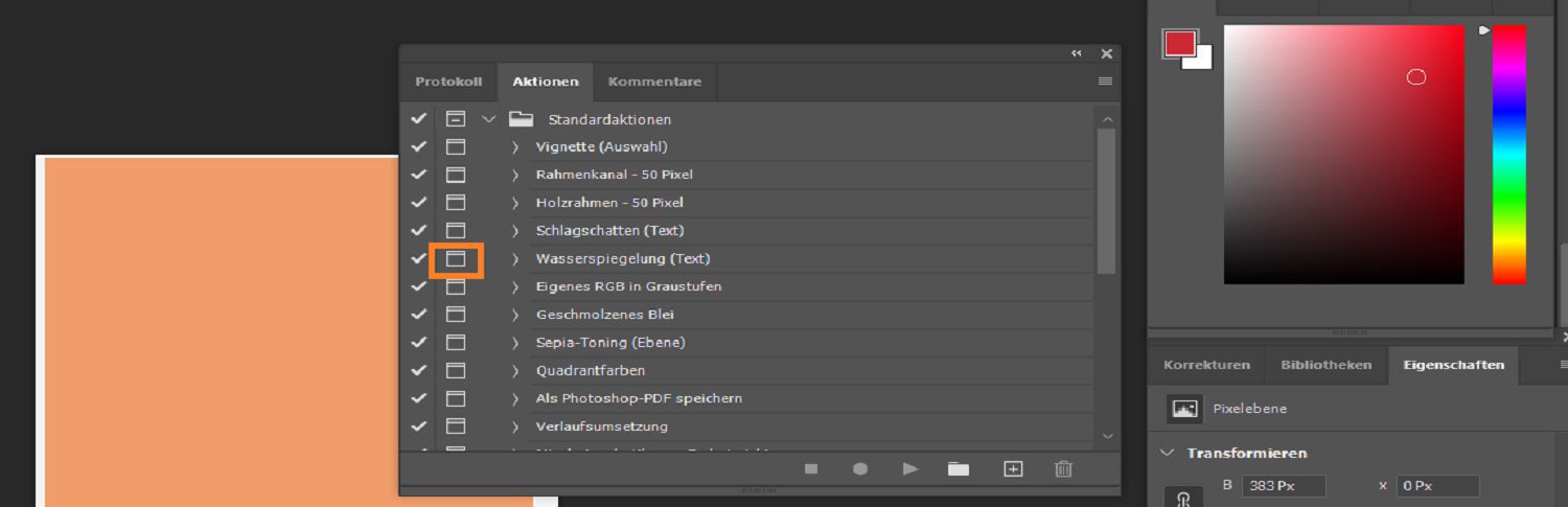Der Button für die modale Steuerung ist im Aktionsbereich markiert.