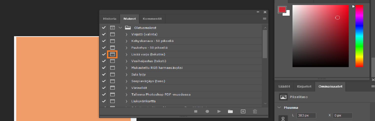 Modaalisen säätimen painike on korostettu Makrot-paneelissa.