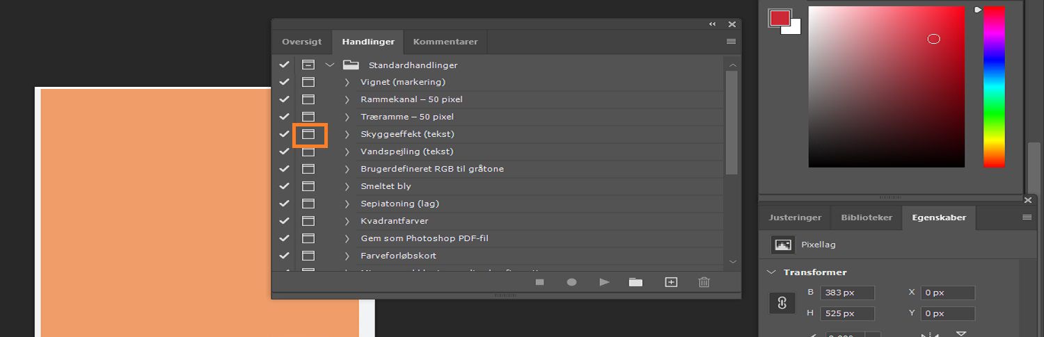 Den modale kontrolknap er fremhævet i panelet Handlinger.