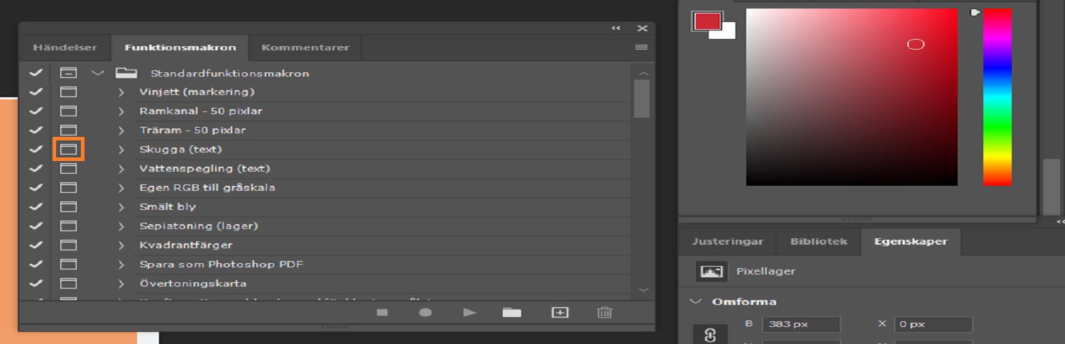 Den modala kontrollknappen är markerad i Action panel.