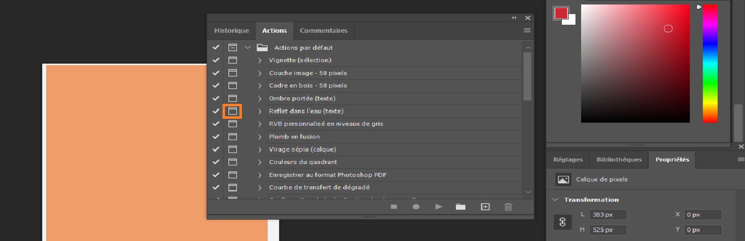 Le bouton de contrôle modal est mis en surbrillance dans le panneau Action.
