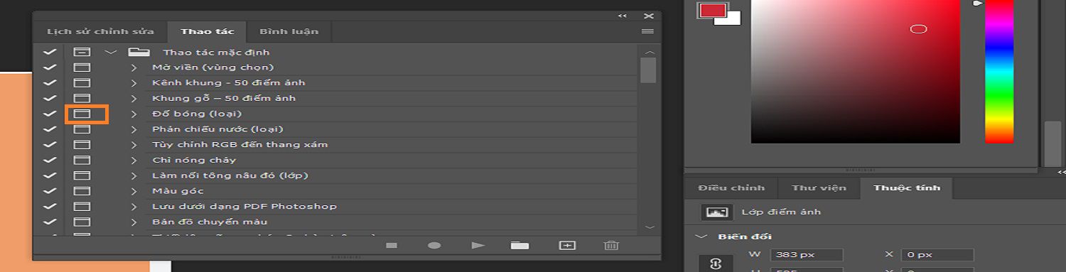 Nút điều khiển trong hộp thoại được làm nổi bật trong bảng Thao tác.
