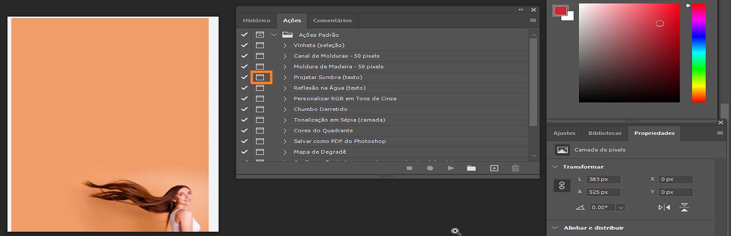 O botão de controle modal está destacado no painel de Ação. 