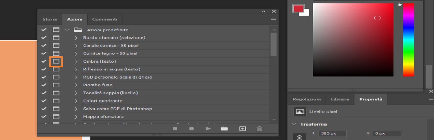 Il pulsante di controllo modale è evidenziato nel pannello Action.
