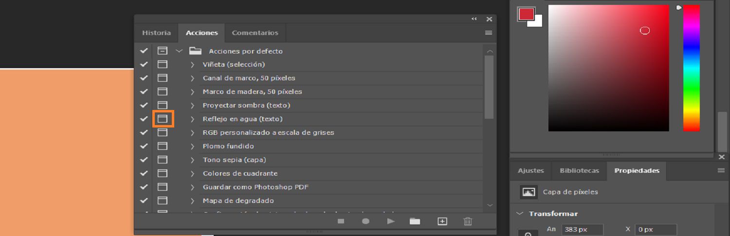 El botón de control modal está resaltado en el panel Action.