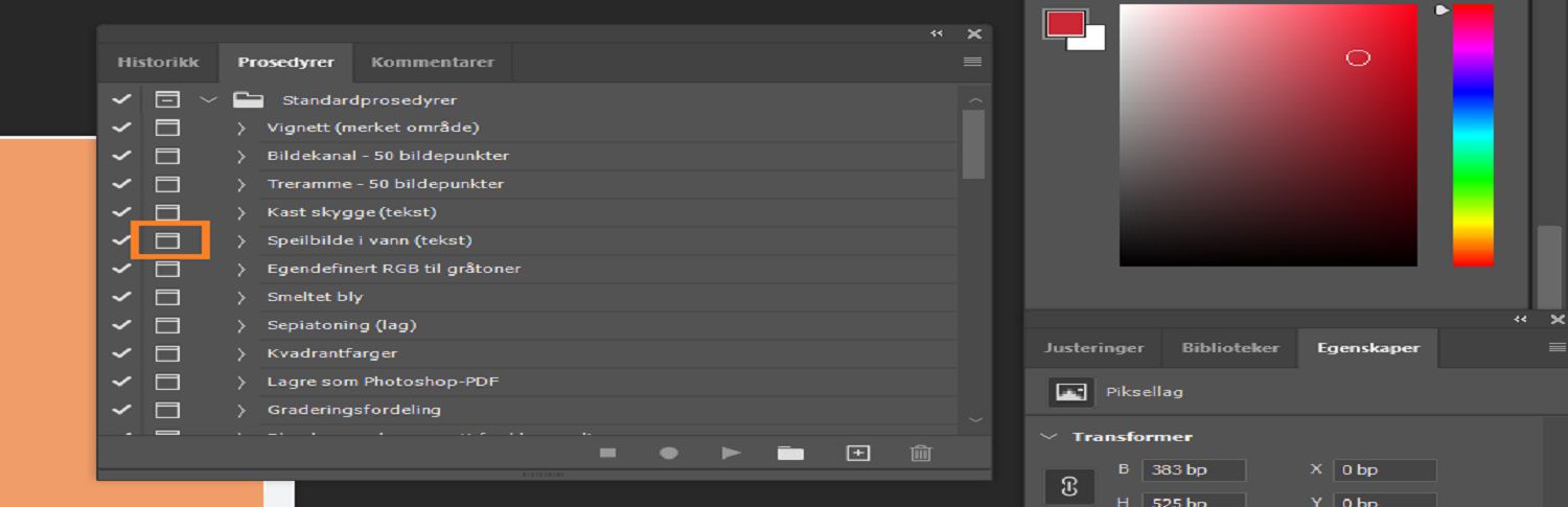 Den modale kontrollknappen er uthevet i Actions-panelet.