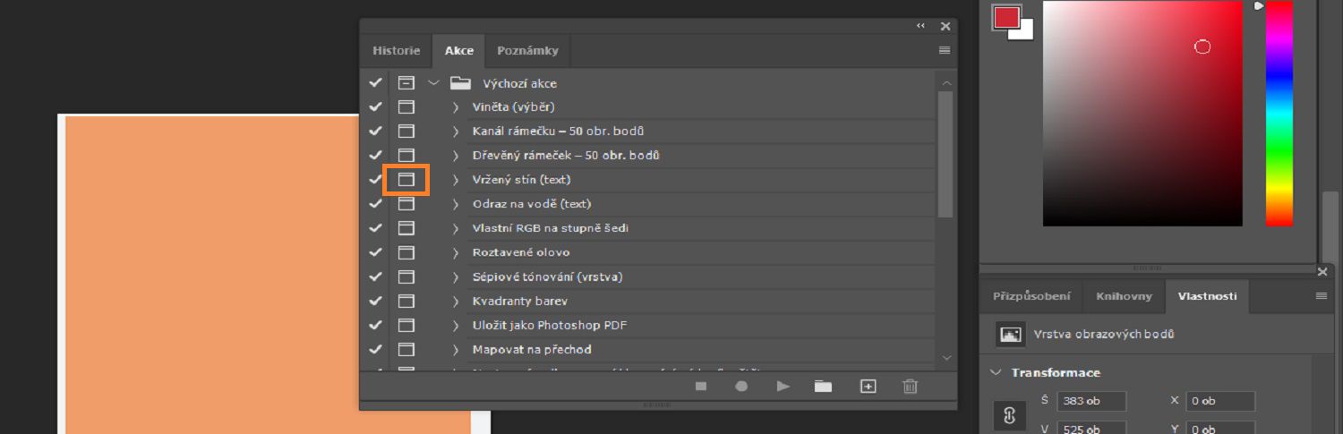 Tlačítko s modálním ovladačem je zvýrazněno na panelu Akce.