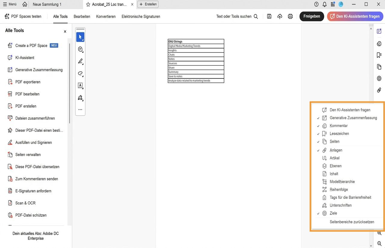 Die geöffnete Dokumentansicht in Acrobat zeigt das Seitenleistenmenü, das orange hervorgehoben ist, wobei ausgewählte Tools mit einem Häkchen markiert sind.
