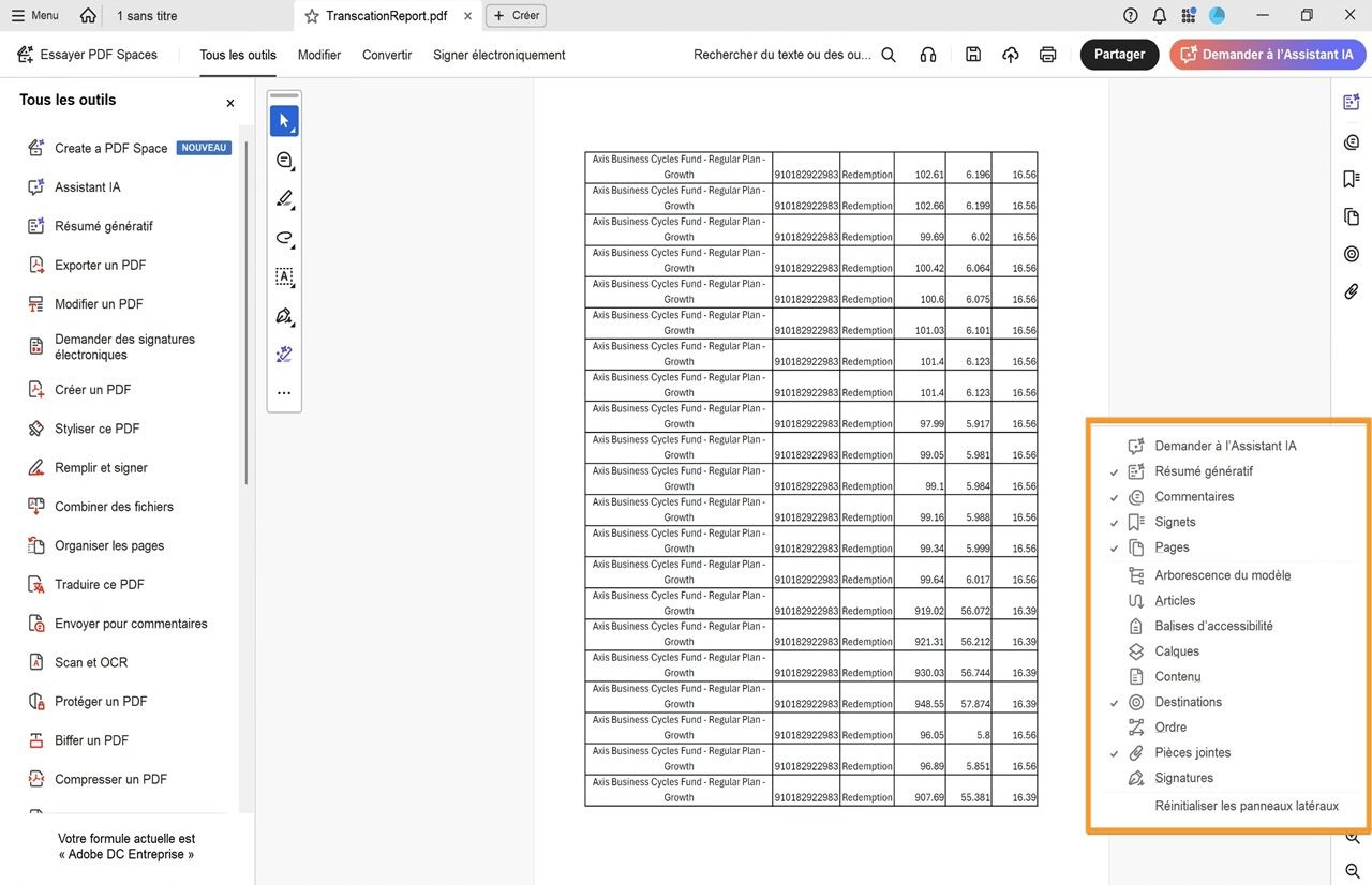 La vue du document ouvert dans Acrobat montre le menu des panneaux latéraux mis en évidence en orange, avec les outils sélectionnés marqués d'une coche.