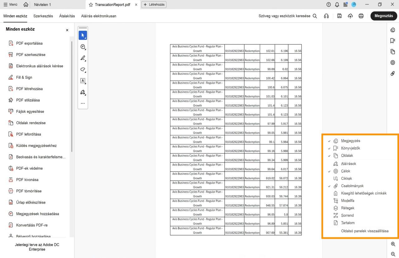 Az Acrobat megnyitott dokumentumnézetében a narancssárgával kiemelt oldalsó panelek menü látható, a kiválasztott Eszközök pedig pipával vannak jelölve.
