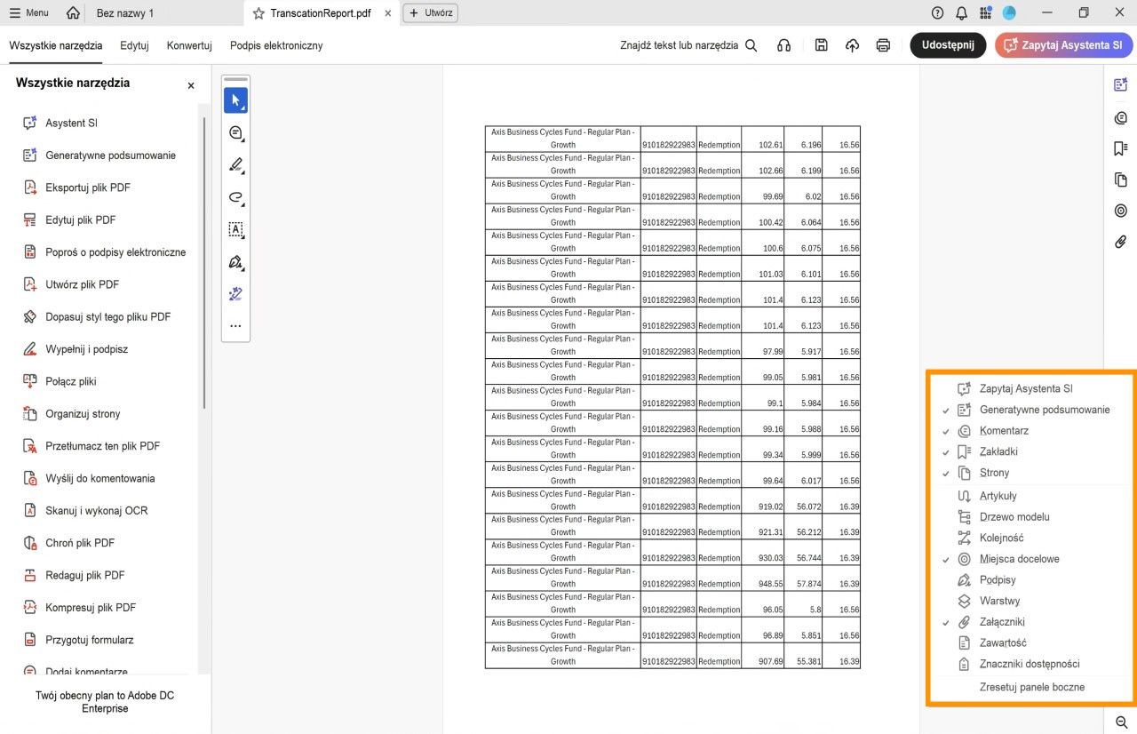 Widok otwartego dokumentu w programie Acrobat pokazuje menu paneli bocznych podświetlone na pomarańczowo, z zaznaczonymi narzędziami oznaczonymi znacznikiem wyboru.