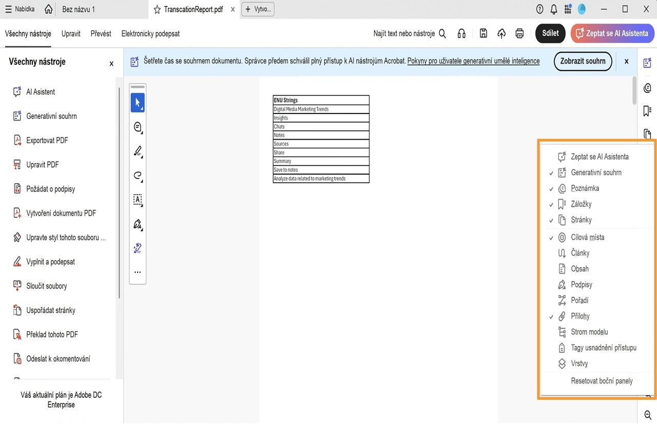 Zobrazení otevřeného dokumentu v aplikaci Acrobat ukazuje nabídku postranních panelů zvýrazněnou oranžově, s vybranými nástroji označenými zaškrtnutím.