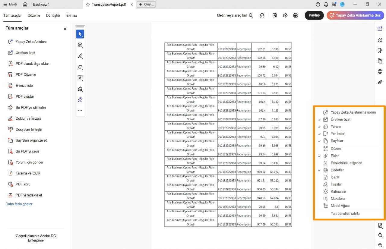Acrobat'taki açık belge görünümü, turuncu renkle vurgulanmış yan paneller menüsünü ve bir onay işaretiyle seçili araçları gösteriyor.