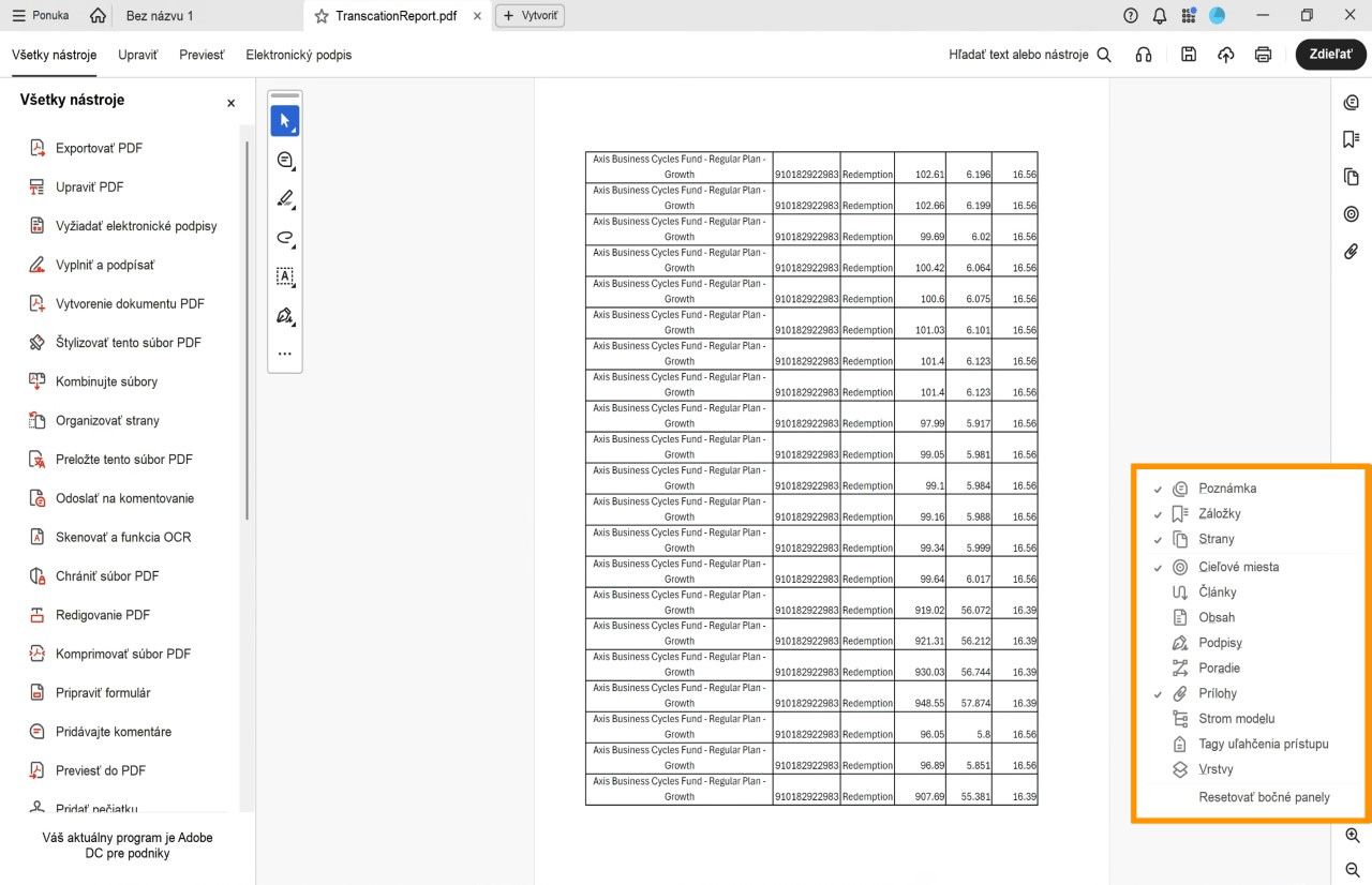 Zobrazenie otvoreného dokumentu v programe Acrobat ukazuje ponuku bočných panelov zvýraznenú oranžovou farbou, s vybranými nástrojmi označenými značkou začiarknutia.