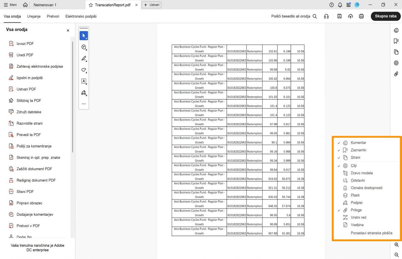 Pogled odprtega dokumenta v programu Acrobat prikazuje meni stranskih podoken, označen z oranžno barvo, z izbranimi orodji, označenimi s kljukico.