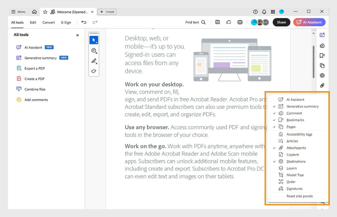 طريقة عرض المستند المفتوح في Acrobat تعرض قائمة اللوحات الجانبية مميَّزةً باللون البرتقالي، مع وضع علامة على الأدوات المحددة.