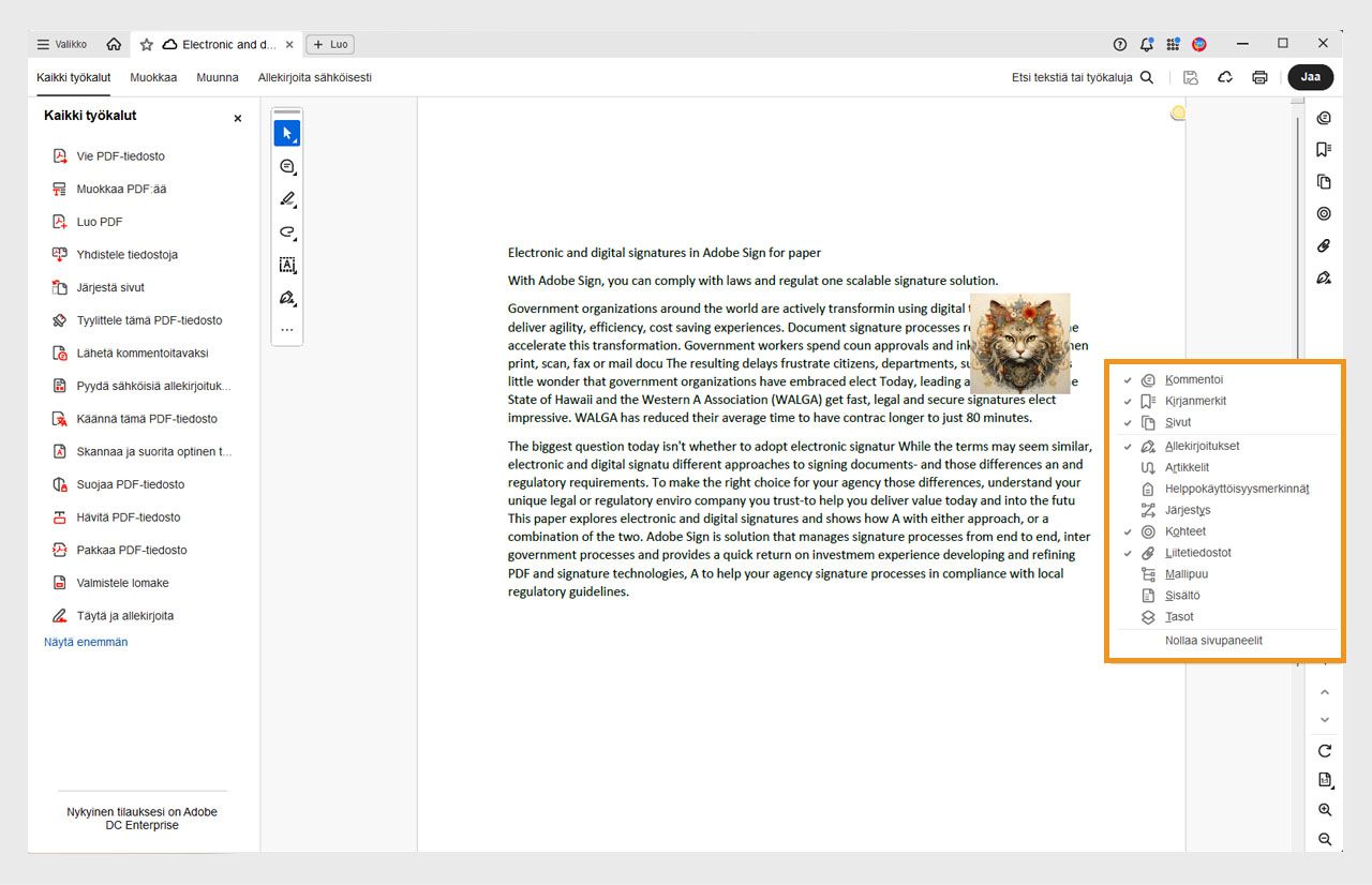 Acrobatin avoimen asiakirjanäkymän sivupaneelivalikko on korostettu oranssilla ja valitut työkalut on merkitty valintamerkillä.