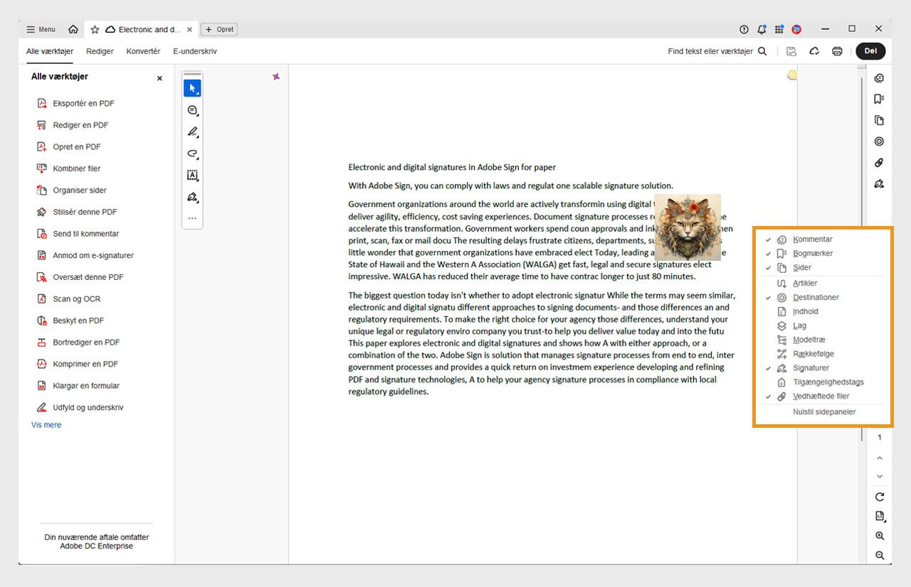 Den åbne dokumentvisning i Acrobat viser sidepanelmenuen fremhævet med orange, hvor valgte værktøjer er markeret med et flueben.