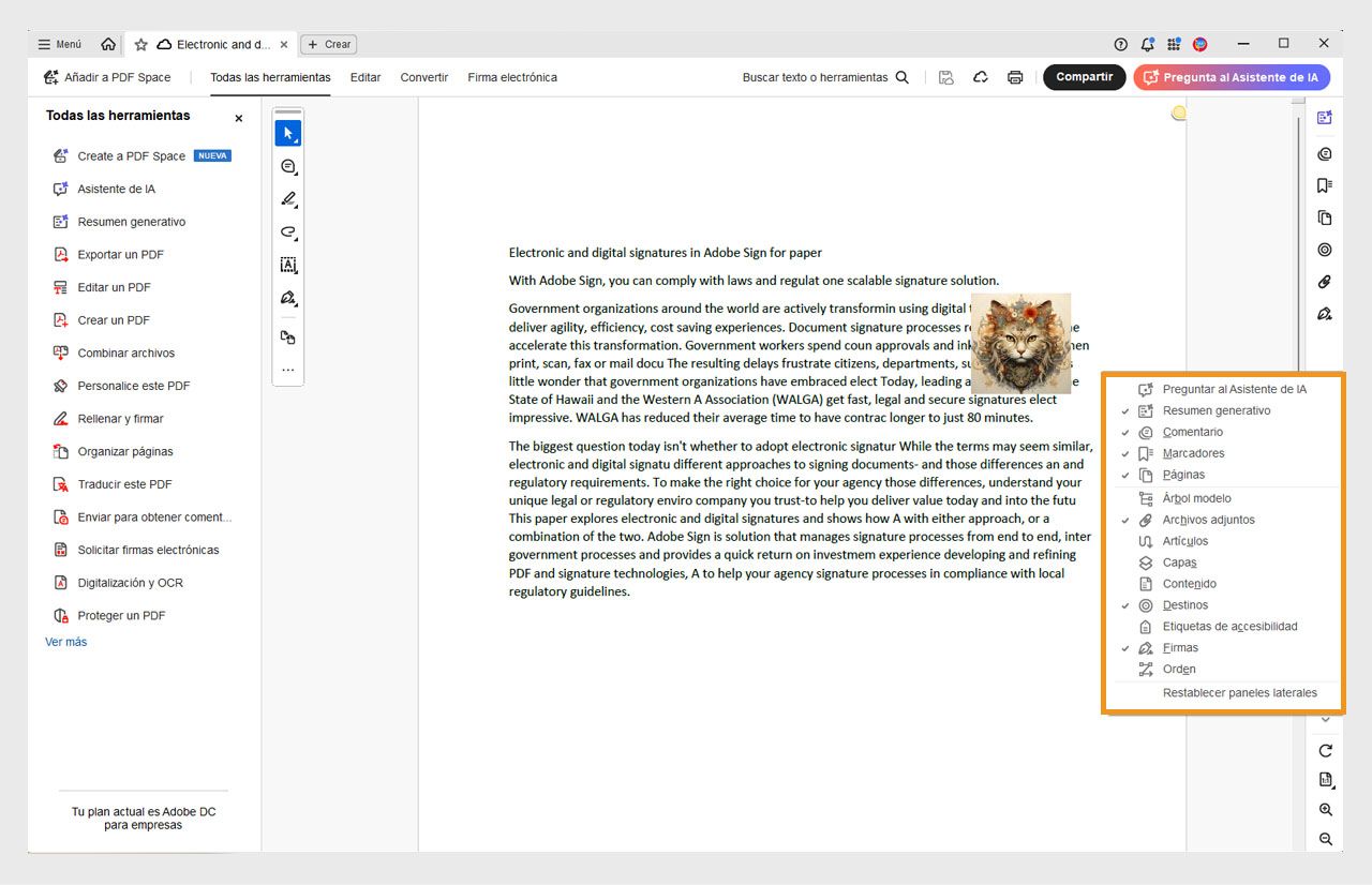 La vista del documento abierto en Acrobat muestra el menú de paneles laterales resaltado en naranja, con las herramientas seleccionadas marcadas con una marca de verificación.