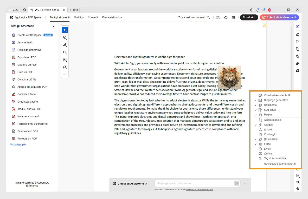 La vista del documento aperto in Acrobat mostra il menu dei pannelli laterali evidenziato in arancione, con gli strumenti selezionati contrassegnati da un segno di spunta.
