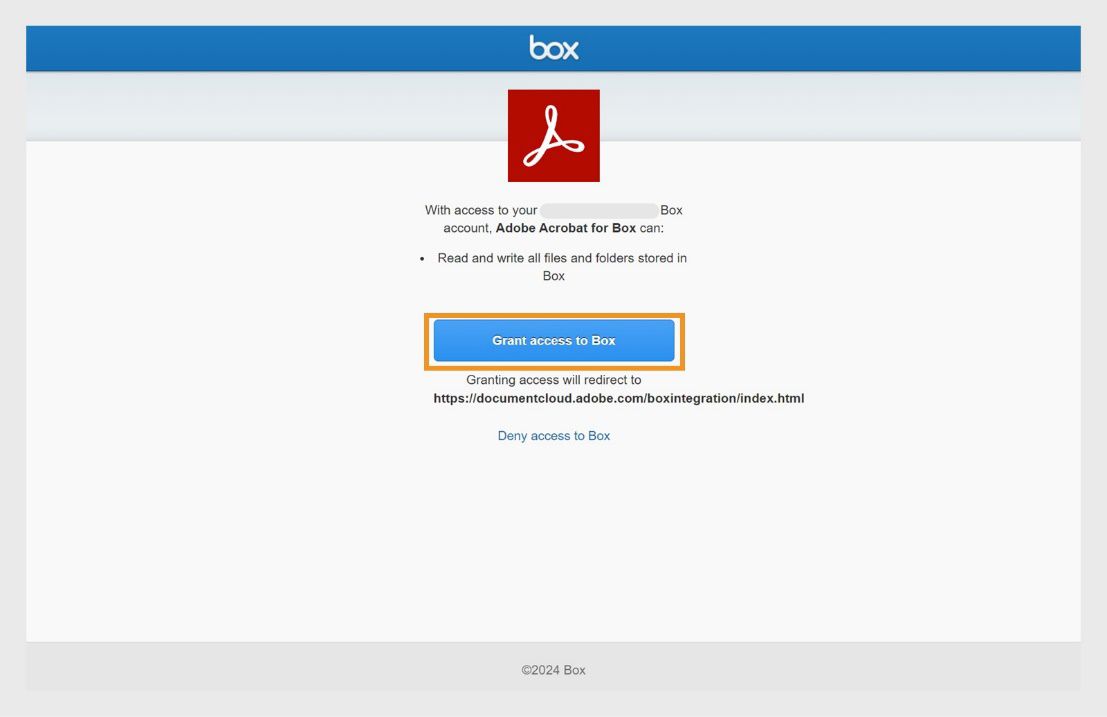 Nagpapakita ang page ng mensaheng humihingi ng pahintulot para ma-access ng Adobe Acrobat ang mga Box file.
