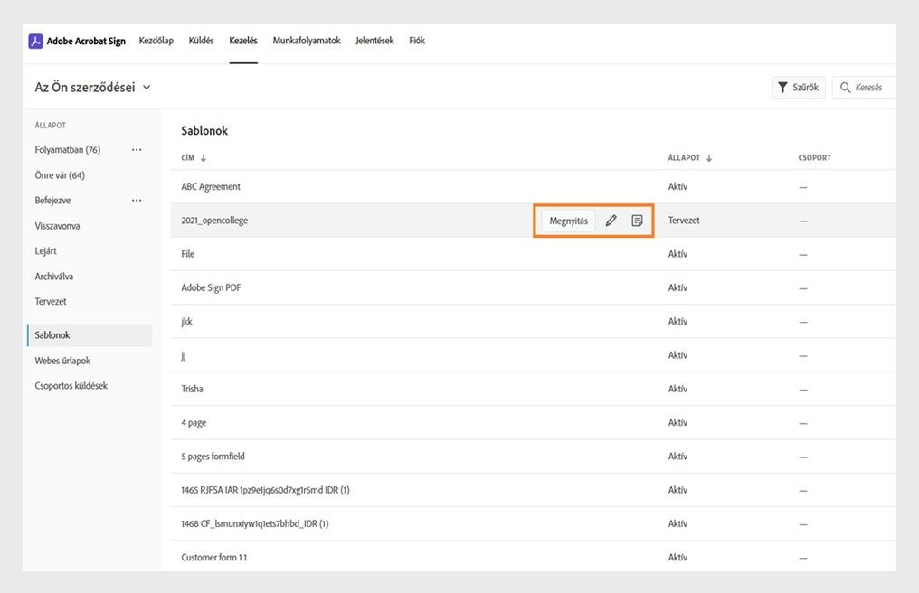 Az oldalon megjelenik az összes sablon listája, ahol egy sablon van kiválasztva, és a megjelenített eszközök ki vannak emelve.